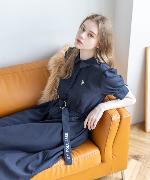 U.S. POLO ASSN.（ユーエスポロアッスン）の「【U.S. POLO ASSN.】clear 別注 ウエストベルトロングシャツワンピース（ワンピース・レディース・ベージュ/ネイビー・F）」の16枚目の写真