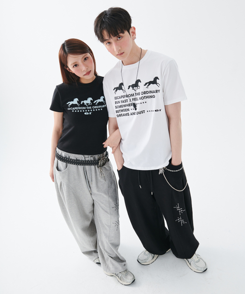 ESCAPEFROM（エスケープフロム）の「[ESCF x ホットトゥデイ] スターダストホースプリントスリムフィット半袖Tシャツブラック（Tシャツ/カットソー・レディース・その他・MEDIUM/LARGE）」の4枚目の写真