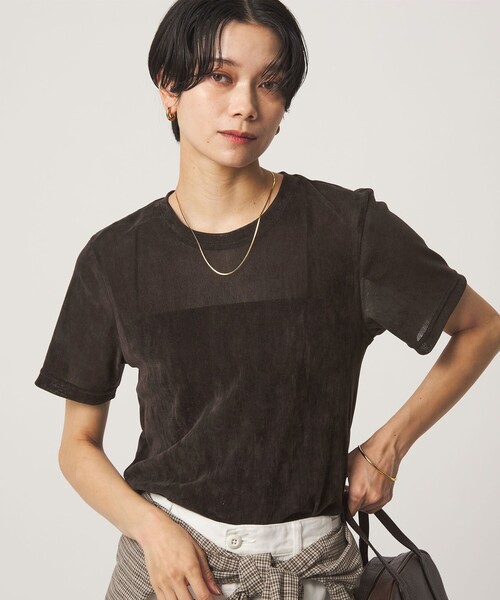 green label relaxing（グリーンレーベルリラクシング）の「シアーフロッキー Tシャツ（Tシャツ/カットソー・レディース・グレー/ブラック/ダークブラウン/ライラック・FREE）」の3枚目の写真