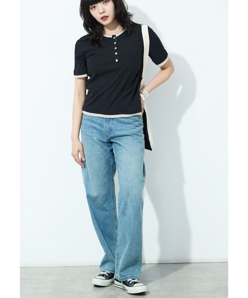 Fashion Letter(ファッションレター)の「フェイクレイヤード バイカラーヘンリー半袖プルオーバー(Tシャツ/カットソー・レディース・モカ/ブラック/グレイッシュベージュ/イエロー/アイボリー・M)」の6枚目の写真