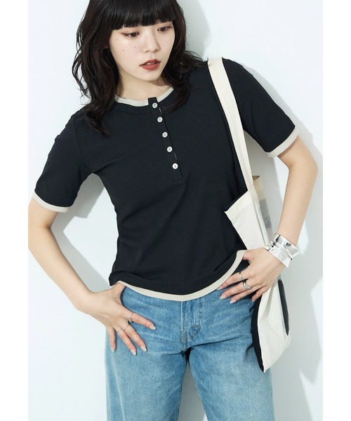 Fashion Letter(ファッションレター)の「フェイクレイヤード バイカラーヘンリー半袖プルオーバー(Tシャツ/カットソー・レディース・モカ/ブラック/グレイッシュベージュ/イエロー/アイボリー・M)」の7枚目の写真