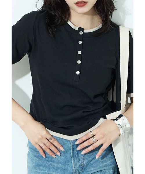 Fashion Letter(ファッションレター)の「フェイクレイヤード バイカラーヘンリー半袖プルオーバー(Tシャツ/カットソー・レディース・モカ/ブラック/グレイッシュベージュ/イエロー/アイボリー・M)」の8枚目の写真