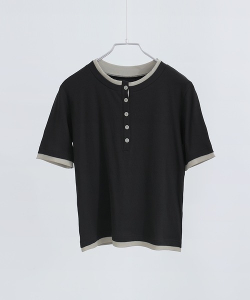 Fashion Letter(ファッションレター)の「フェイクレイヤード バイカラーヘンリー半袖プルオーバー(Tシャツ/カットソー・レディース・モカ/ブラック/グレイッシュベージュ/イエロー/アイボリー・M)」の11枚目の写真