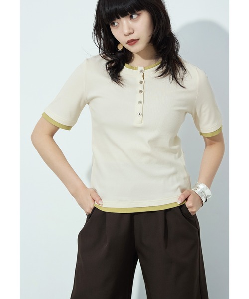 Fashion Letter(ファッションレター)の「フェイクレイヤード バイカラーヘンリー半袖プルオーバー(Tシャツ/カットソー・レディース・モカ/ブラック/グレイッシュベージュ/イエロー/アイボリー・M)」の12枚目の写真