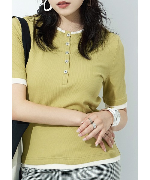 Fashion Letter(ファッションレター)の「フェイクレイヤード バイカラーヘンリー半袖プルオーバー(Tシャツ/カットソー・レディース・モカ/ブラック/グレイッシュベージュ/イエロー/アイボリー・M)」の18枚目の写真