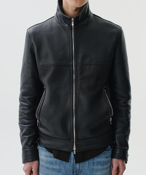 DIVEIN(ダイブイン)の「WASHED LAMBSKIN HIGH NECK LEATHER JACKET (BLACK)(ライダースジャケット・メンズ・その他・1)」の1枚目の写真