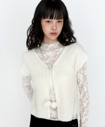 ポンポンストラップ半袖ニットカーディガン アイボリー MDCD064IVORY
