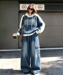 【上下セット】NAETSSTZ刺繍ロゴ異素材MIXフーディーカーゴデニムセットアップ
