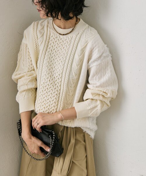 ear PAPILLONNER（イアパピヨネ）の「パッチワークニットプルオーバー【SUM1 STYLE】（ニット/セーター・レディース・ホワイト/ブラック・FREE）」の2枚目の写真