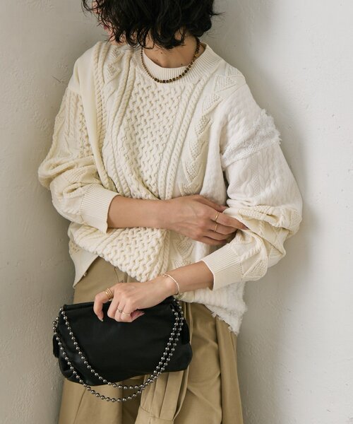 ear PAPILLONNER（イアパピヨネ）の「パッチワークニットプルオーバー【SUM1 STYLE】（ニット/セーター・レディース・ホワイト/ブラック・FREE）」の3枚目の写真