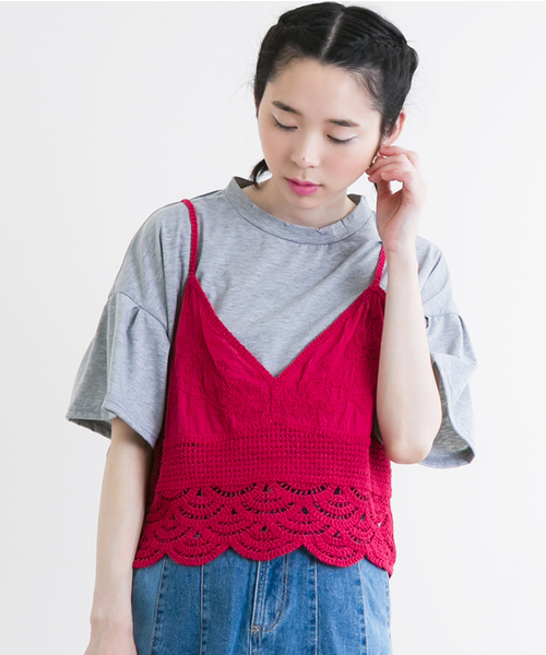 MERLOT（メルロー）の「かぎ編みニットビスチェ1065（キャミソール・レディース・オフホワイト/チェリーピンク/ブラック/ベージュ/イエロー・FREE）」の5枚目の写真