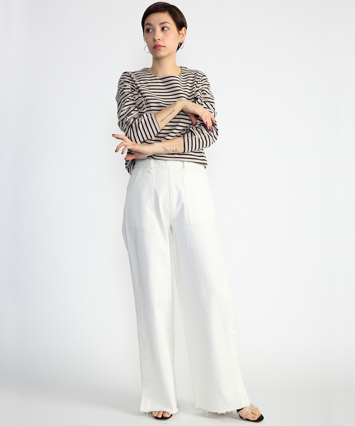 CAPRICIEUX LE'MAGE（カプリシューレマージュ）の「フリルボーダーTシャツ（Tシャツ/カットソー・レディース・ホワイト/ベージュ・FREE）」の5枚目の写真