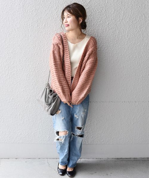 Khaju（カージュ）の「Khaju:ハンドケーブルニットカーディガン◇（カーディガン/ボレロ・レディース・ブラック/オフホワイト/ピンク系その他・ONE SIZE）」の6枚目の写真