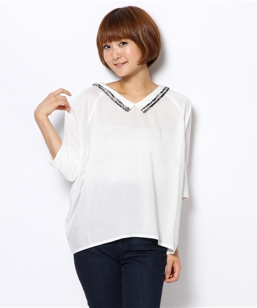 mystic（ミスティック）の「ツイードテープP/O（シャツ/ブラウス・レディース・ベージュ/オフホワイト/ブルー/ブラック・ﾌﾘ-）」の2枚目の写真