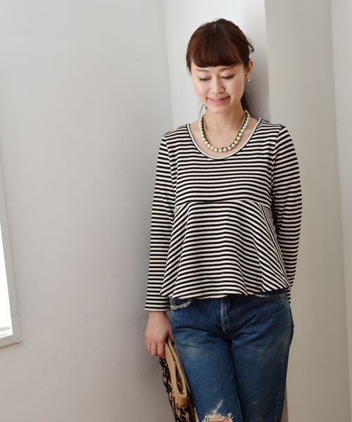 Khaju（カージュ）の「★★Khaju:ボーダーフレアヘムプルオーバー（Tシャツ/カットソー・レディース・ブラック/ブルー・ONE SIZE）」の11枚目の写真