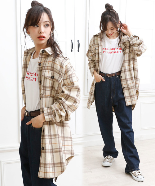 Girly Doll(ガーリードール)の「ルーズチェック CPOシャツ(ポロシャツ・レディース・ネイビー/アイボリー/モカ/ホワイト系その他・FREE)」の2枚目の写真