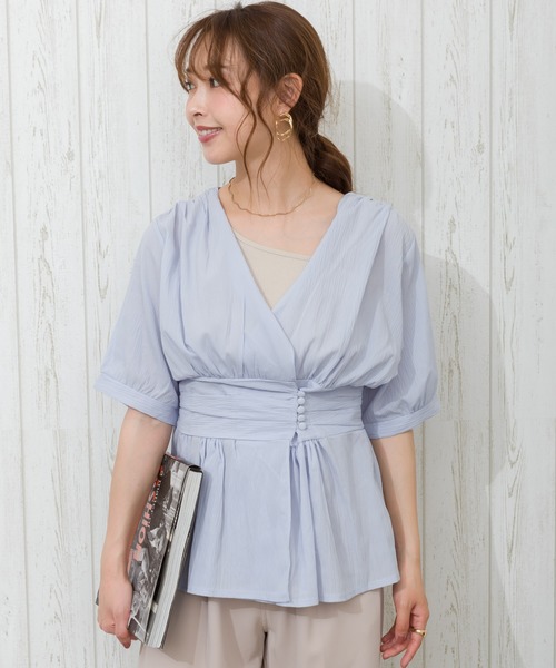 SpRay（スプレイ）の「【WEB限定】楊柳ペプラムカシュクールTOPS（シャツ/ブラウス・レディース・ホワイト/ブラック/サックスブルー/ミント・FREE）」の4枚目の写真