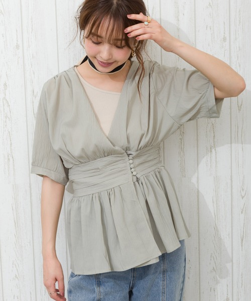 SpRay（スプレイ）の「【WEB限定】楊柳ペプラムカシュクールTOPS（シャツ/ブラウス・レディース・ホワイト/ブラック/サックスブルー/ミント・FREE）」の3枚目の写真