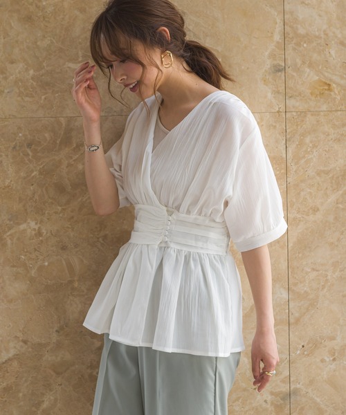 SpRay（スプレイ）の「【WEB限定】楊柳ペプラムカシュクールTOPS（シャツ/ブラウス・レディース・ホワイト/ブラック/サックスブルー/ミント・FREE）」の6枚目の写真