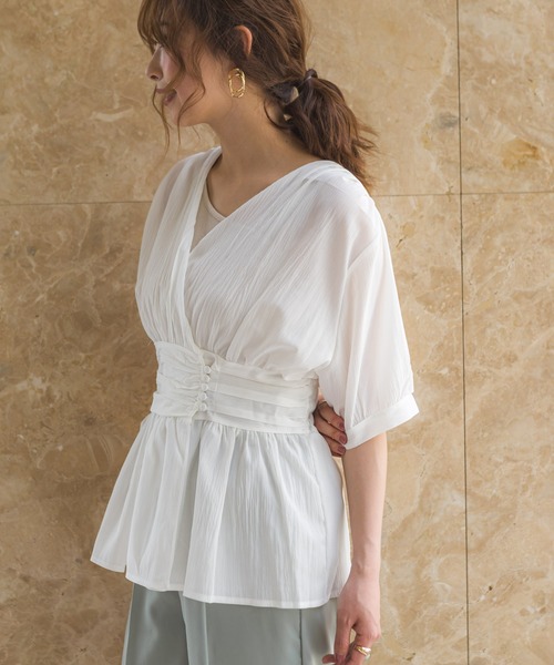 SpRay（スプレイ）の「【WEB限定】楊柳ペプラムカシュクールTOPS（シャツ/ブラウス・レディース・ホワイト/ブラック/サックスブルー/ミント・FREE）」の7枚目の写真