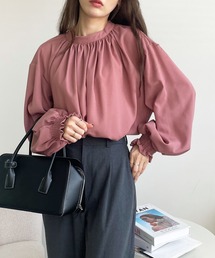 ハイネックギャザーバルーンスリーブブラウス