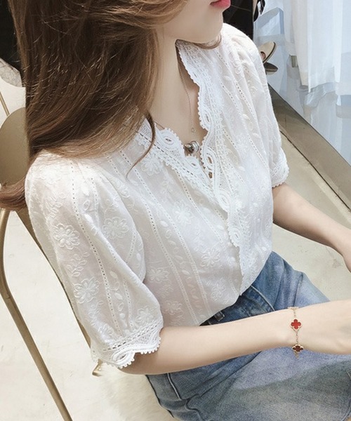 セール】カシュクール風Vネックレース半袖カットソー（Tシャツ