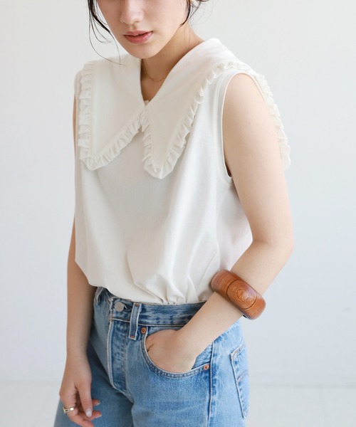 SLOBE citron.（スローブシトロン）の「SLOBE citron. フリルカラーノースリーブ【手洗い可能】◆（Tシャツ/カットソー・レディース・ホワイト/ブラック・FREE）」の21枚目の写真