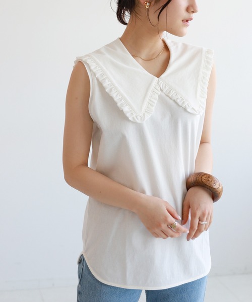 SLOBE citron.（スローブシトロン）の「SLOBE citron. フリルカラーノースリーブ【手洗い可能】◆（Tシャツ/カットソー・レディース・ホワイト/ブラック・FREE）」の5枚目の写真