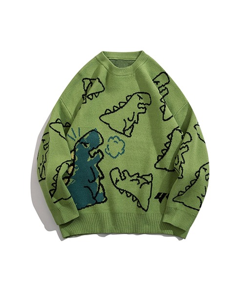 セール】【HOOK】かわいい落書き恐竜イラスト 総柄ニット (AW)（ニット