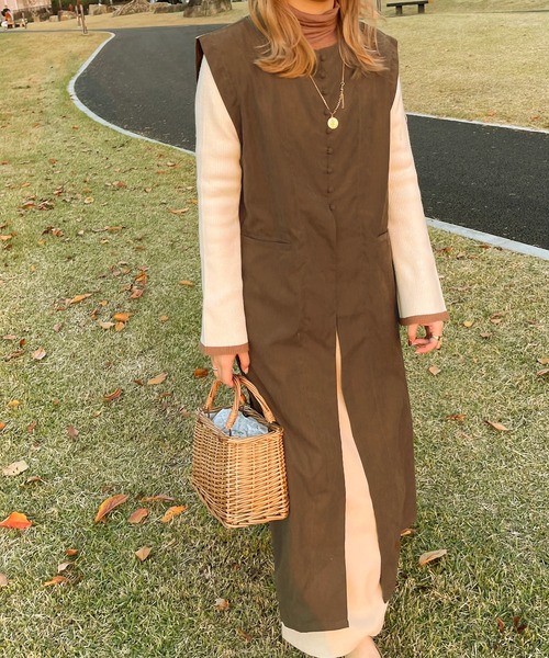 apres jour clair（アプレジュールクレア）の「【apres jour clair】ロングジレ（ベスト・レディース・アイボリー/ブラウン系その他・X-LARGE/フリー）」の4枚目の写真