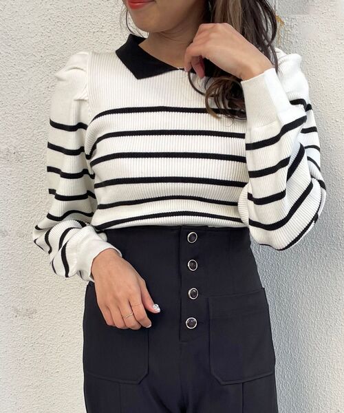 MAJESTIC LEGON（マジェスティックレゴン）の「襟付きボーターニット（ニット/セーター・レディース・オフホワイト/ネイビー/ブラック・MEDIUM）」の2枚目の写真