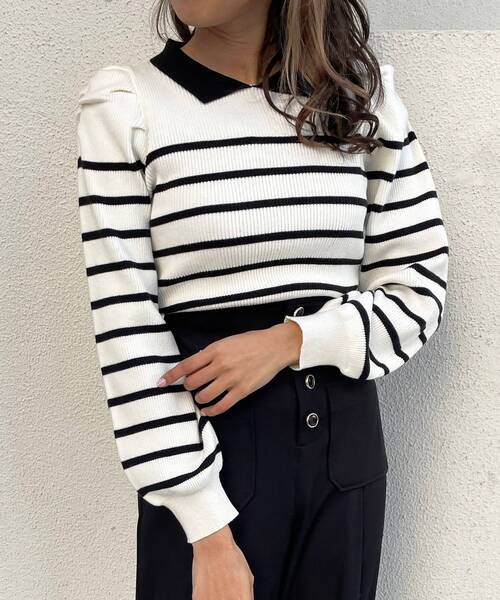 MAJESTIC LEGON（マジェスティックレゴン）の「襟付きボーターニット（ニット/セーター・レディース・オフホワイト/ネイビー/ブラック・MEDIUM）」の12枚目の写真