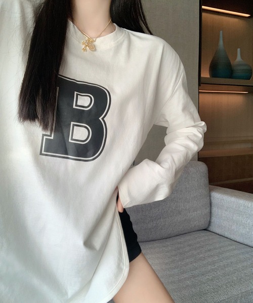 meJane(ミージェーン)の「BロゴプリントルーズシルエットロンT【ZOZOTOWN限定】(Tシャツ/カットソー・レディース・ホワイト/グリーン・FREE)」の5枚目の写真