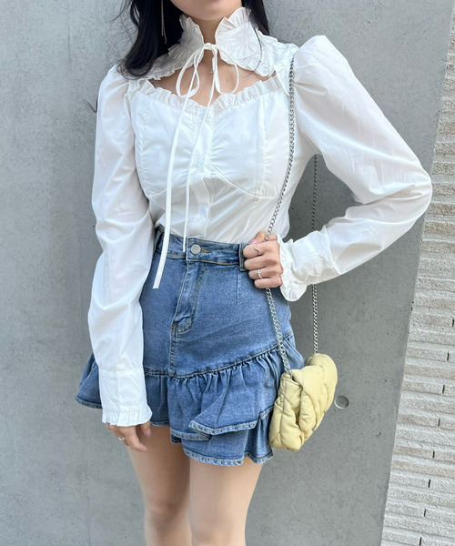 titty＆Co. PETIT by poyo（ティティーアンドコープティバイポヨ）の「【titty&Co.PETIT by POYO】ヘムフリルデニムミニスカパン（デニムスカート・レディース・ブルー・SMALL/MEDIUM）」の6枚目の写真