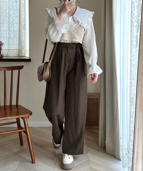 Cham.（チャム）の「ウエストリボンワイドパンツ（その他パンツ・レディース・ブラック/ベージュ/ブラウン・F）」の4枚目の写真