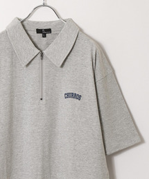 【ZIP FIVE】ハーフジップ オーバーサイズ ワンポイント 半袖Tシャツ/ポロシャツ