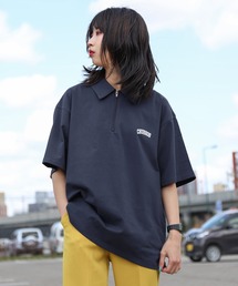 【ZIP FIVE】ハーフジップ オーバーサイズ ワンポイント 半袖Tシャツ/ポロシャツ