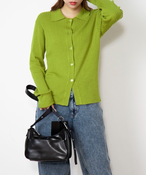 WEGO（ウィゴー）の「WEGO/襟付きワイドリブカーディガン（カーディガン/ボレロ・レディース・ブラック/ライム・FREE）」の2枚目の写真