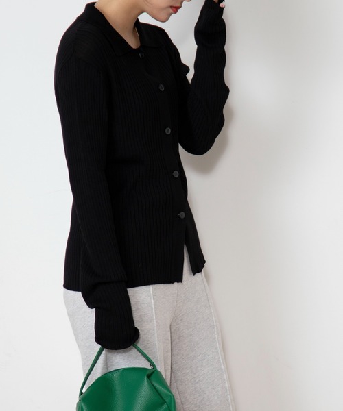 WEGO（ウィゴー）の「WEGO/襟付きワイドリブカーディガン（カーディガン/ボレロ・レディース・ブラック/ライム・FREE）」の4枚目の写真
