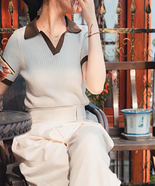 AsRiRe(アスリレイ)の「【AsRiRe】polo衿ニットトップス(ポロシャツ・レディース・グリーン/ホワイト/ネイビー・M)」の2枚目の写真