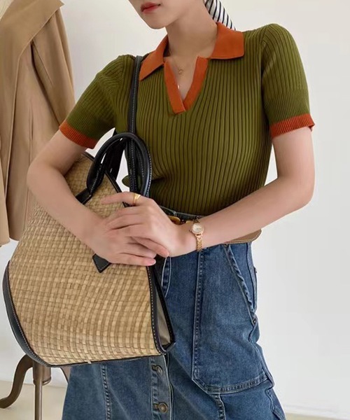 AsRiRe(アスリレイ)の「【AsRiRe】polo衿ニットトップス(ポロシャツ・レディース・グリーン/ホワイト/ネイビー・M)」の3枚目の写真