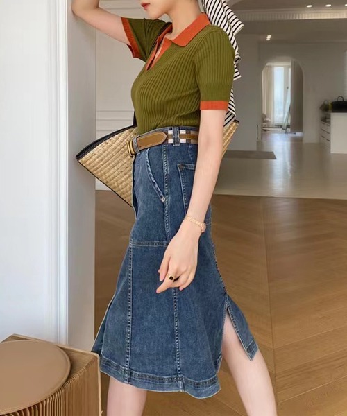 AsRiRe(アスリレイ)の「【AsRiRe】polo衿ニットトップス(ポロシャツ・レディース・グリーン/ホワイト/ネイビー・M)」の8枚目の写真