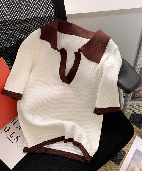 AsRiRe(アスリレイ)の「【AsRiRe】polo衿ニットトップス(ポロシャツ・レディース・グリーン/ホワイト/ネイビー・M)」の6枚目の写真