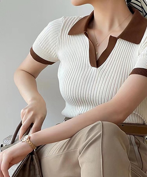 AsRiRe(アスリレイ)の「【AsRiRe】polo衿ニットトップス(ポロシャツ・レディース・グリーン/ホワイト/ネイビー・M)」の11枚目の写真