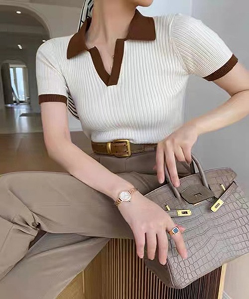 AsRiRe(アスリレイ)の「【AsRiRe】polo衿ニットトップス(ポロシャツ・レディース・グリーン/ホワイト/ネイビー・M)」の9枚目の写真