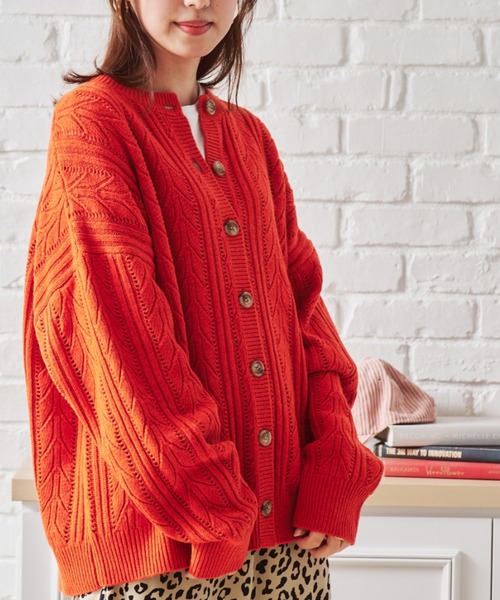 acro（アクロ）の「ケーブル柄カーディガン/AC1457（ニット/セーター・レディース・ブラック/ブラウン/アイボリー/グリーン/グレー/オレンジ・ﾌﾘ-）」の6枚目の写真