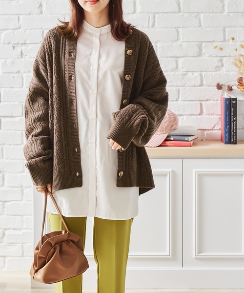 acro（アクロ）の「ケーブル柄カーディガン/AC1457（ニット/セーター・レディース・ブラック/ブラウン/アイボリー/グリーン/グレー/オレンジ・ﾌﾘ-）」の9枚目の写真