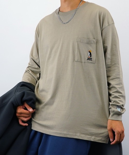 FUNALIVE(ファンアライブ)の「BF2 select Soar Out Door オーバーサイズ ペンギン 刺繍 ポケ付き ロングスリーブTシャツ(Tシャツ/カットソー・メンズ・ブラック/ピンク/ブルー/グレイッシュベージュ・LL/M/L)」の3枚目の写真