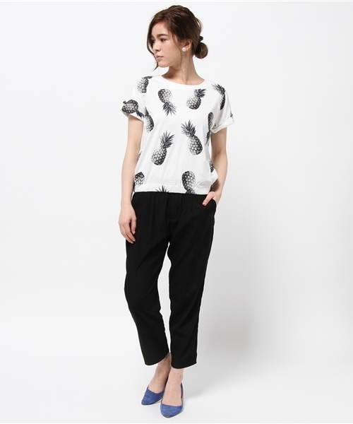 DISCOAT（ディスコート）の「【Discoat】パイナップルPt裾ゴムT（Tシャツ/カットソー・レディース・オフホワイト/ブラック・ﾌﾘ-）」の6枚目の写真
