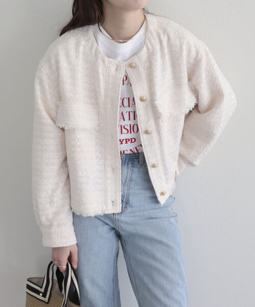 fredy emue(フレディエミュ)の「ツィードノーカラージャケット(ノーカラージャケット・レディース・ブルー/アイボリー/ブラック・38)」の7枚目の写真